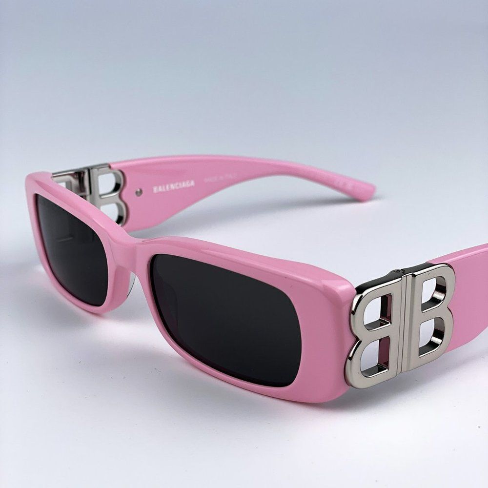 NEW Balenciaga BB0096S 012 Pink Silver Logo Grey Rectangle Unisex Sunglasses - Picture 10 of 13